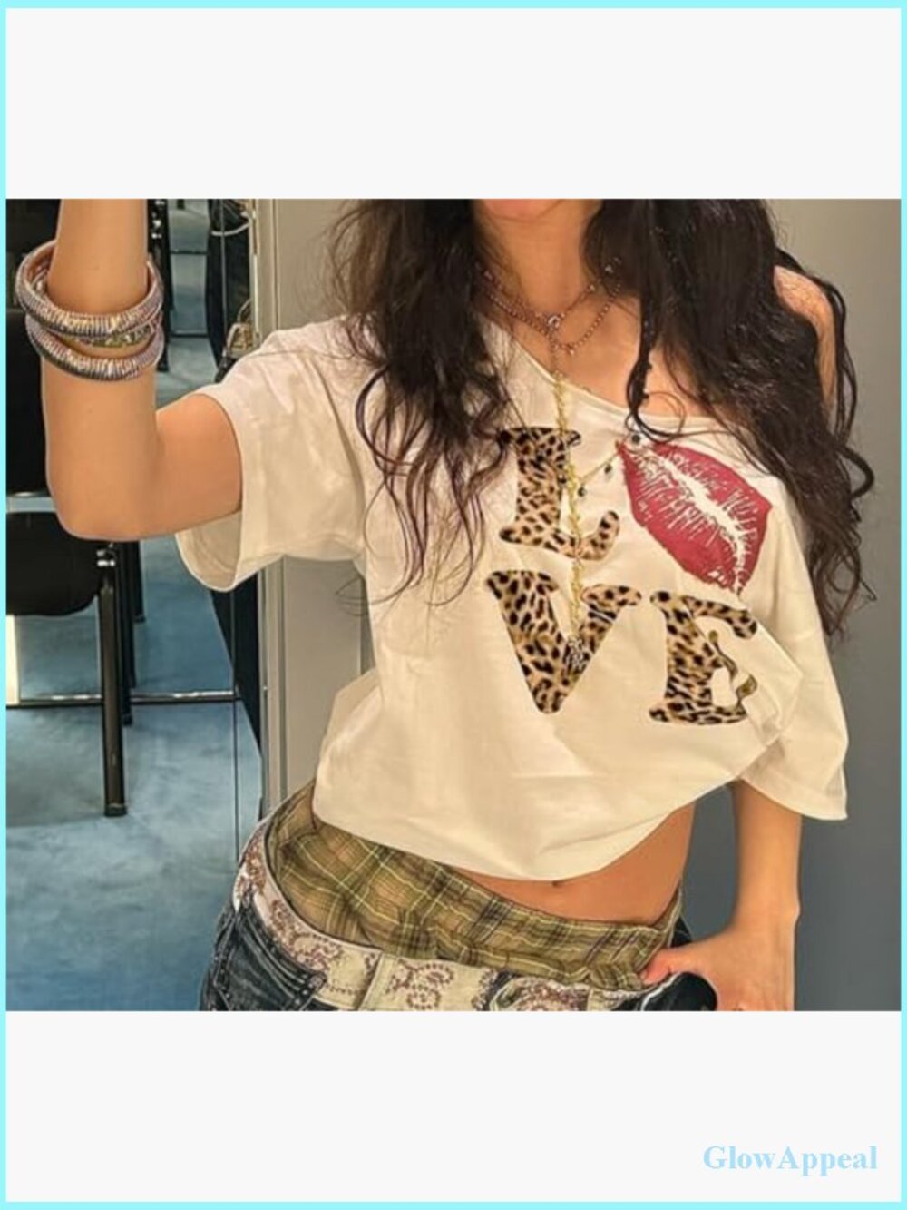 Oversized Off Shoulder Graphic Tee Y2K Lips Print Baggy T-Shirt - Picture 2 of 7